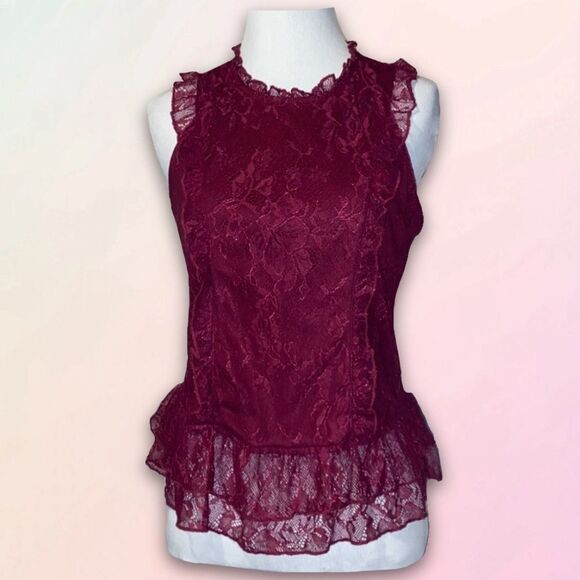 Crave Fame, Burgundy Lace, Ruffled Tank Top - Picture 1 of 12